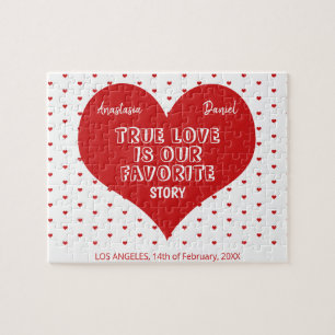 Engagement couples names and year red heart jigsaw puzzle