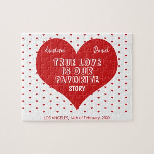 Engagement couples names and year red heart jigsaw puzzle