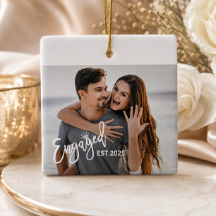 Engagement Couples Wedding Photo Script Heart  Ceramic Ornament