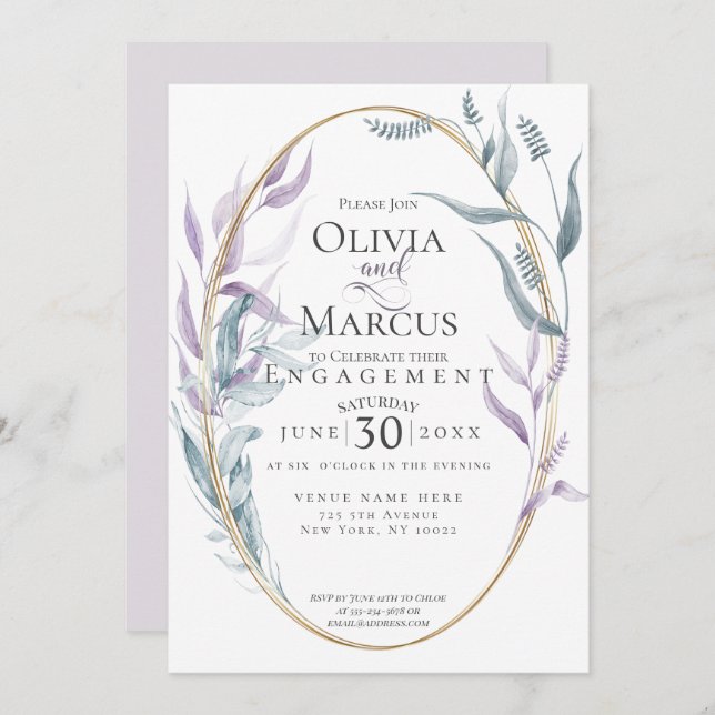 Engagement | Dusty Blue and Violet Foliage Invitation (Front/Back)