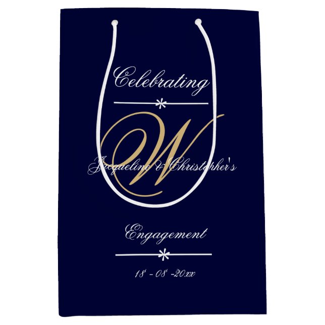Engagement Elegant Monogram Script Chic Navy Gold  Medium Gift Bag (Front)