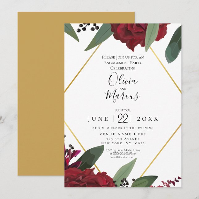 ENGAGEMENT | Elegant Rich Burgundy Marsala Floral Invitation (Front/Back)