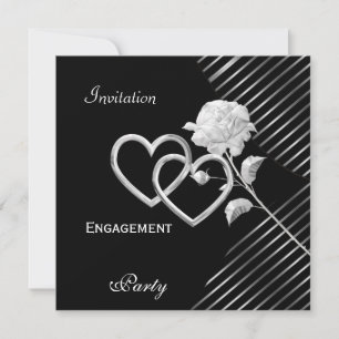 Engagement Elegant Stripe Black Silver Rose Invitation
