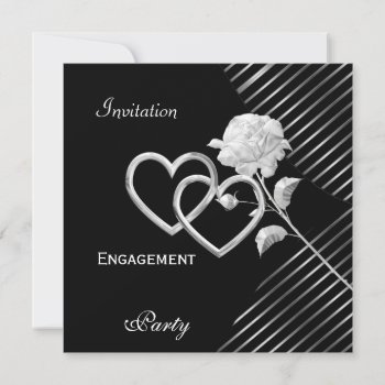 Engagement Elegant Stripe Black Silver Rose Invitation by Label_That at Zazzle