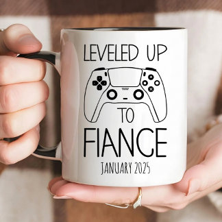 Engagement Gift for Him, LEVELED UP TO FIANCE Two-Tone Coffee Mug