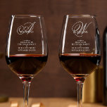 Engagement Gift OUR LOVE STORY Laser Etched Wine Glass<br><div class="desc">Engagement Gift "OUR LOVE STORY" for a couple, elegant chic laser etched wine glasses, set of 2 wine glasses, one glass for the groom-to-be, and one glass for bride-to-be. Modern classic inspired monogram last name initial of the groom-to-be, and the monogram last name initial of the bride-to-be, and both their...</div>
