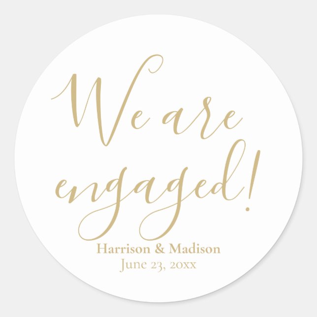 Engagement gold custom script announcement favor classic round sticker (Front)