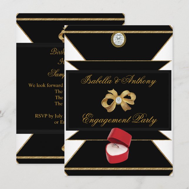 Engagement Gold Diamond Ring Red Black Party Invitation (Front/Back)