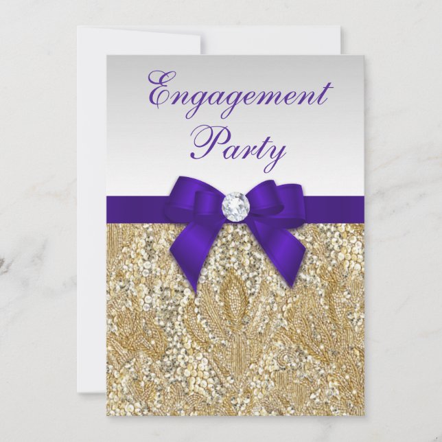 Engagement Gold Sequins Deep Royal Purple Bow Invitation (Front)