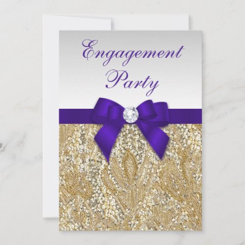 Engagement Gold Sequins Deep Royal Purple Bow Invitation