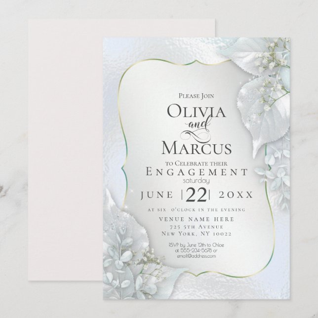 ENGAGEMENT | Icy Blue Shimmer Leaves Invitation (Front/Back)