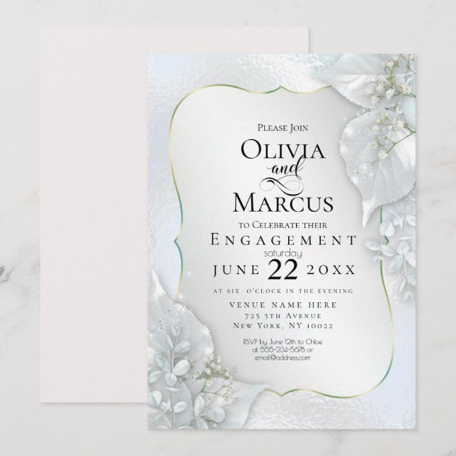 ENGAGEMENT | Icy Blue Shimmer Leaves Invitation (Front/Back)
