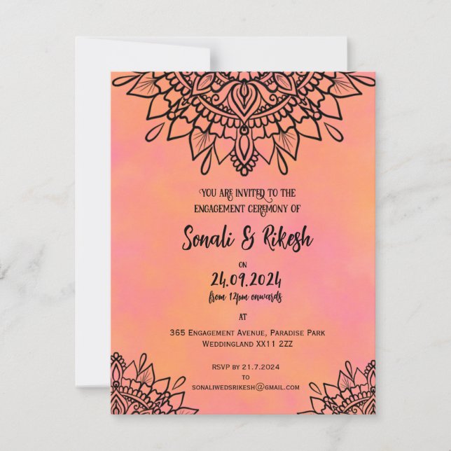 Engagement Invitation Mandala Pink & Orange Card (Front)