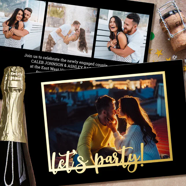 Engagement Let's Party Script 4 Photo Black Gold Foil Invitation | Zazzle