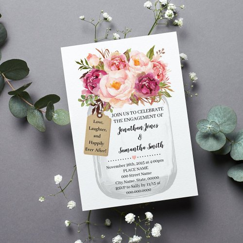 Engagement Mason jar wedding Pink floral Invitation