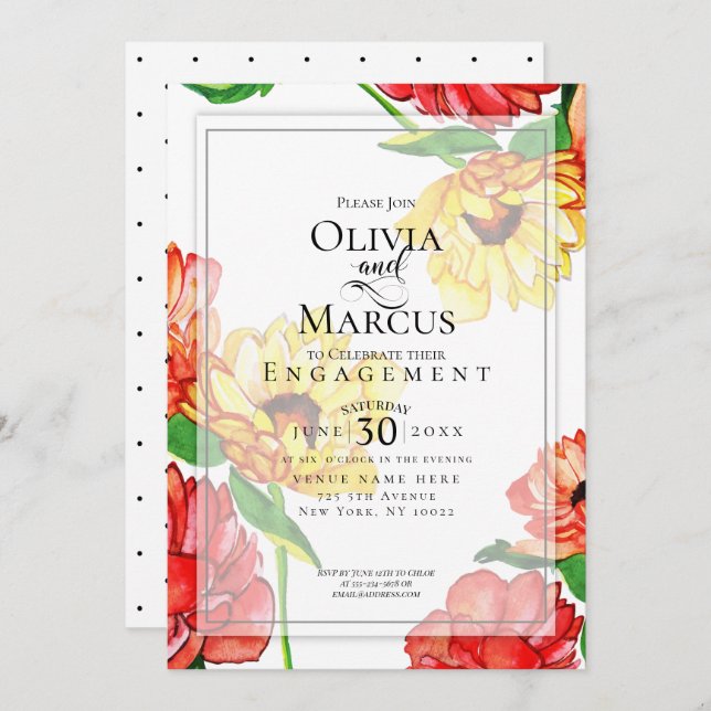 ENGAGEMENT | Modern Gerbera Flowers Red Yellow Invitation (Front/Back)