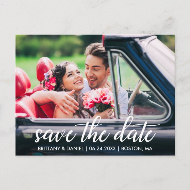 Engagement Modern Script Save The Date Photo Postcard (Front)