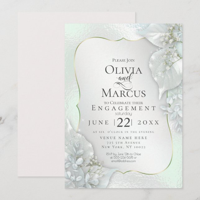 ENGAGEMENT | Mystic Honeydew Shimmer Leaves Invitation (Front/Back)