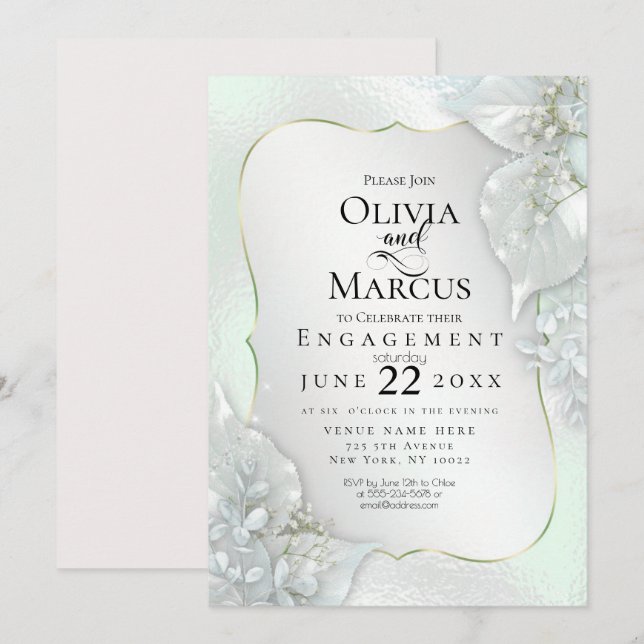 ENGAGEMENT | Mystic Honeydew Shimmer Leaves Invitation (Front/Back)