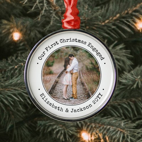 Engagement Our First Christmas Simple Black White Metal Ornament