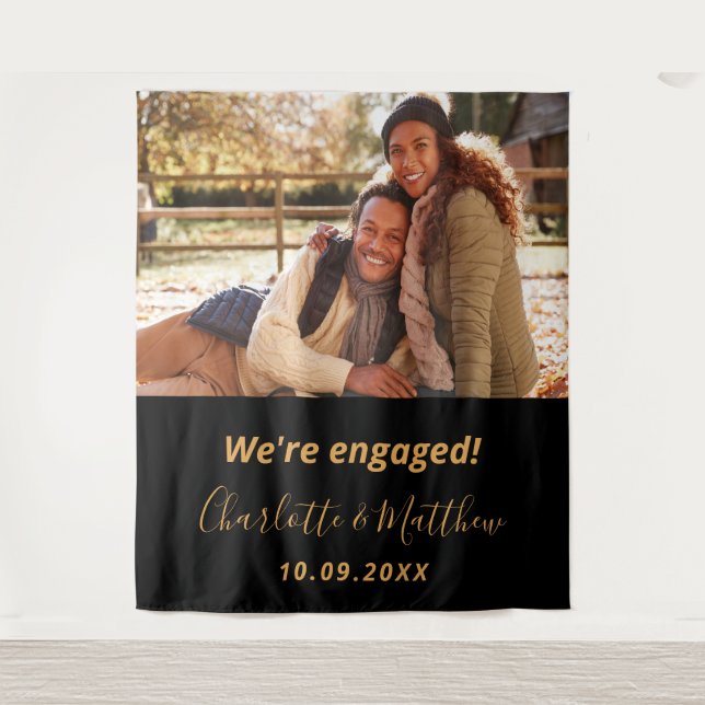 Engagement party black gold photo tapestry (Front)