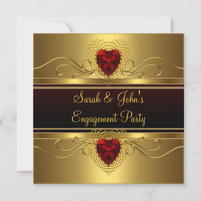 Engagement Party Black gold Red Heart Invitation (Front)