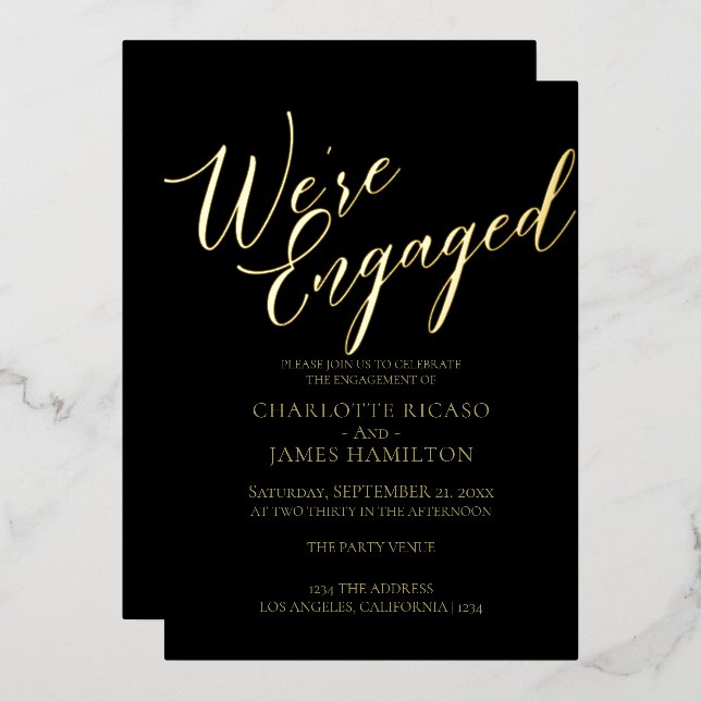 Engagement Party Black Gold Typography Foil Invitation (Front/Back)