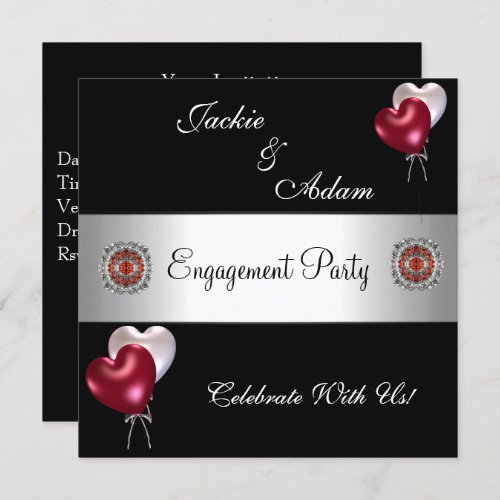 Engagement Party Black Red White Balloons Invitation