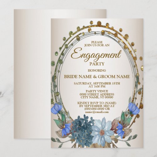 Engagement Party Blue Floral Golden Vintage Invitation