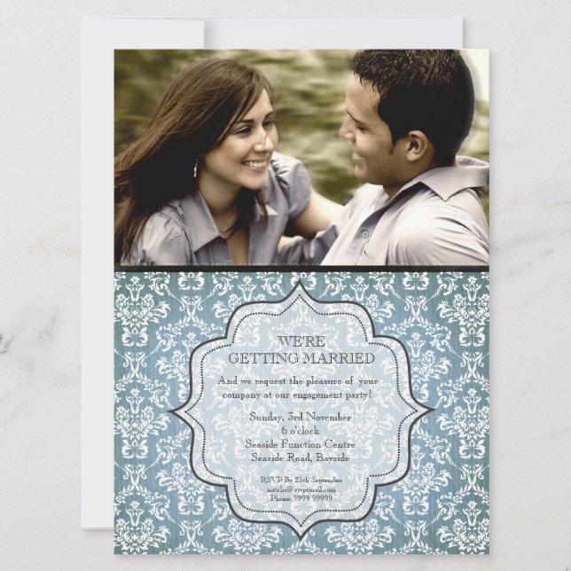Engagement Party Blue Grunge Damask Photo Invite (Front)