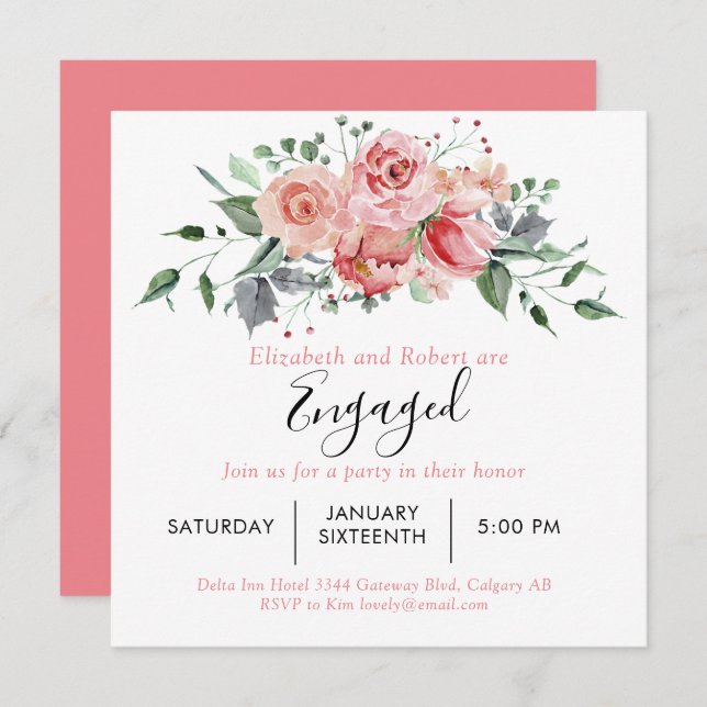 Engagement Party Blush Pink Rose Script Floral Invitation (Front/Back)