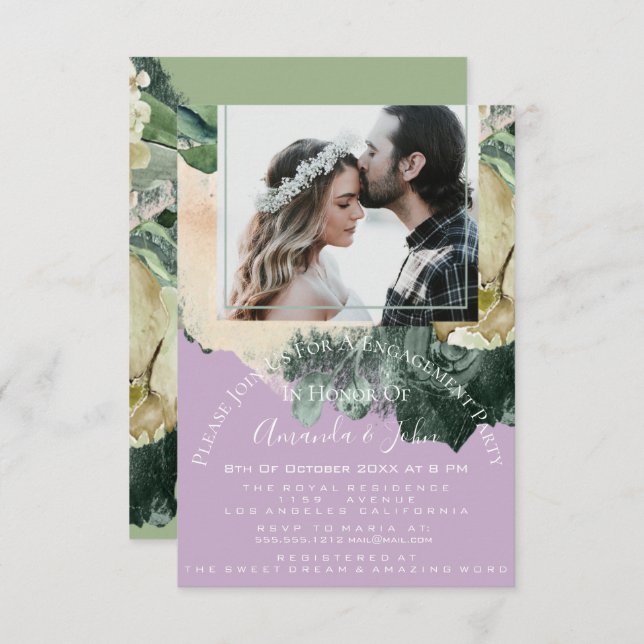 Engagement Party Bridal Shower Photo Purple Floral Invitation (Front/Back)