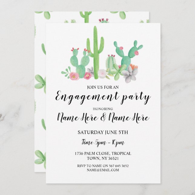 Engagement Party Cactus Cacti Watercolor Invite (Front/Back)