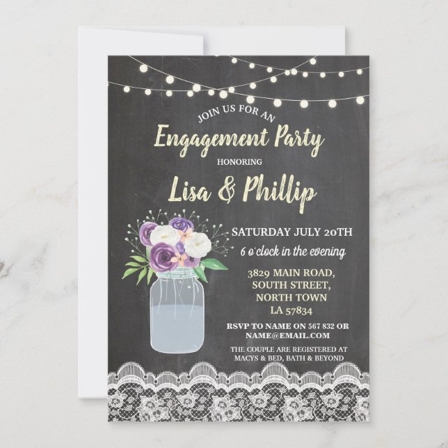 Engagement Party Chalk Lace Floral Jar Inviation Invitation (Front)