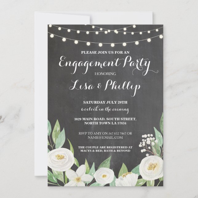 Engagement Party Chalk White Flowers Shower Invite (Front)