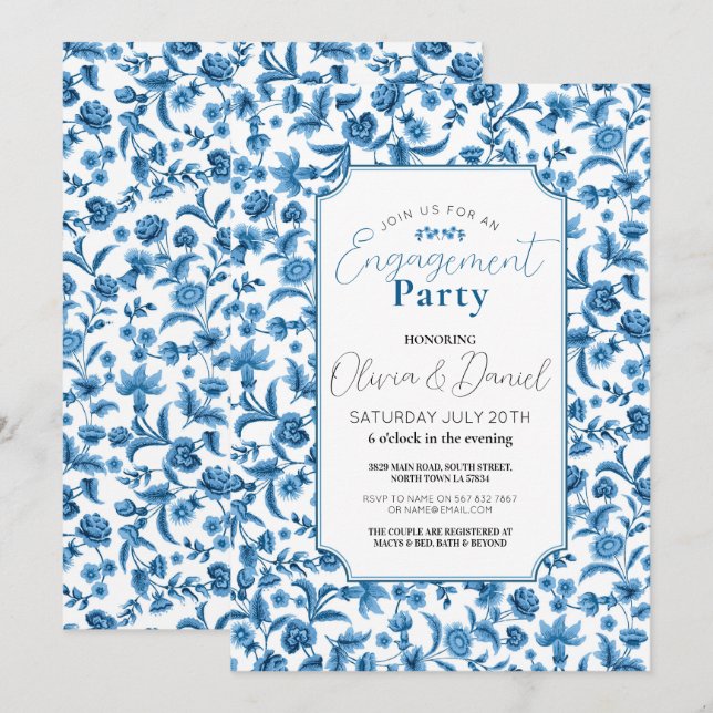 Engagement Party  Chintz Blue & White Floral Ditsy Invitation (Front/Back)