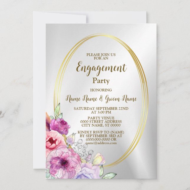 Engagement Party Colorful Pink Floral Golden Frame Invitation (Front)