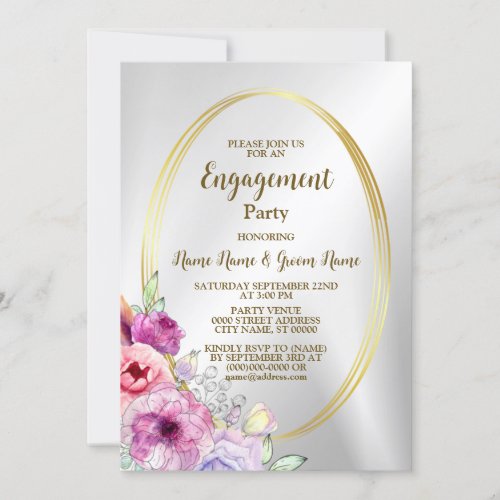 Engagement PartyColorful Pink Floral Golden Frame Invitation