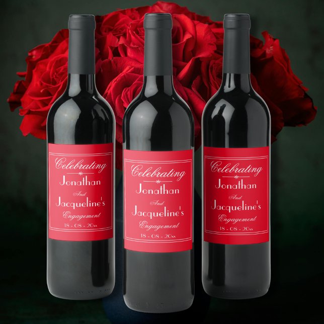 Engagement Party Custom Names Chic Red & White Wine Label (Engagement Party "Celebrating an Engagement" Custom Names Chic Romantic Red & White Wine Labels.)