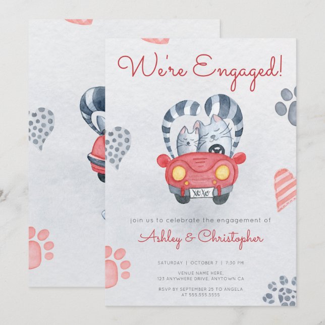 Engagement Party Cute Cartoon Cats Modern Informal Invitation (Front/Back)