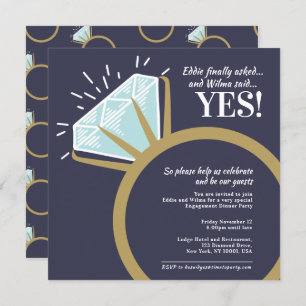 Engagement party diamond gold ring graphic invitation