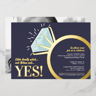 Engagement party diamond gold ring graphic photo foil invitation