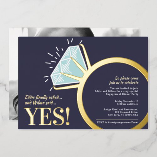 Engagement party diamond gold ring graphic photo foil invitation
