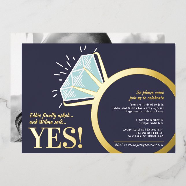 Engagement party diamond gold ring graphic photo foil invitation (Front/Back)