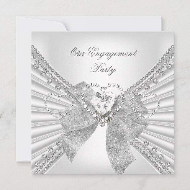 Engagement Party Diamond Heart White Silver Bow Invitation (Front)
