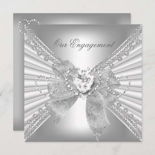 Engagement Party Diamond Heart White Silver Bow Invitation (Front/Back)