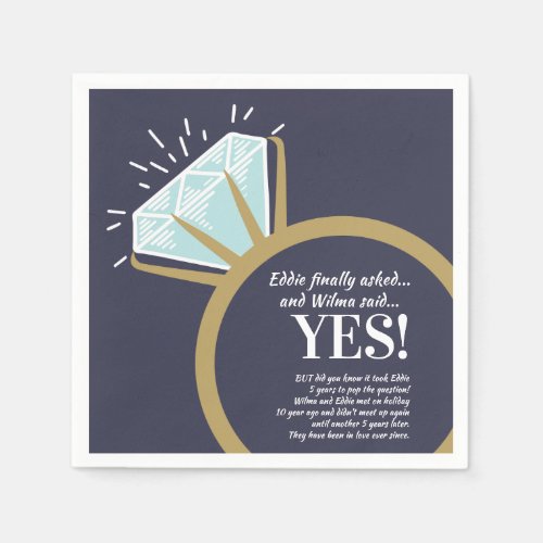 Engagement party diamond ring and fun facts napkin