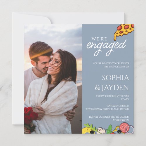 Engagement Party Dusty Blue PIZZA Modern Invitation