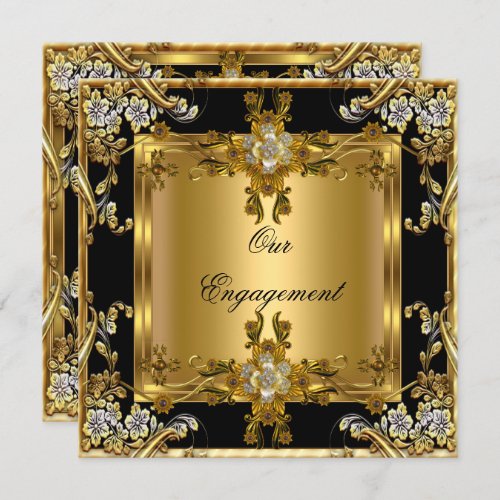 Engagement Party Elegant Gold Floral Jewel Black Invitation