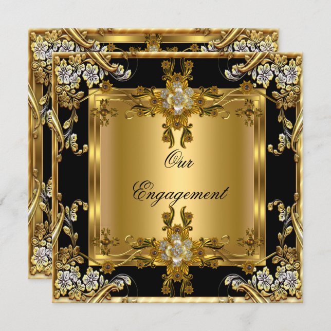 Engagement Party Elegant Gold Floral Jewel Black Invitation (Front/Back)